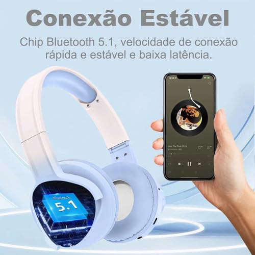 Fone de Ouvido Bluetooth Over-Ear, Microfone Embutido, 20h Autonomia, Design Ajustável, Controles Touch, Resistente à Umidade (Azul Celeste)