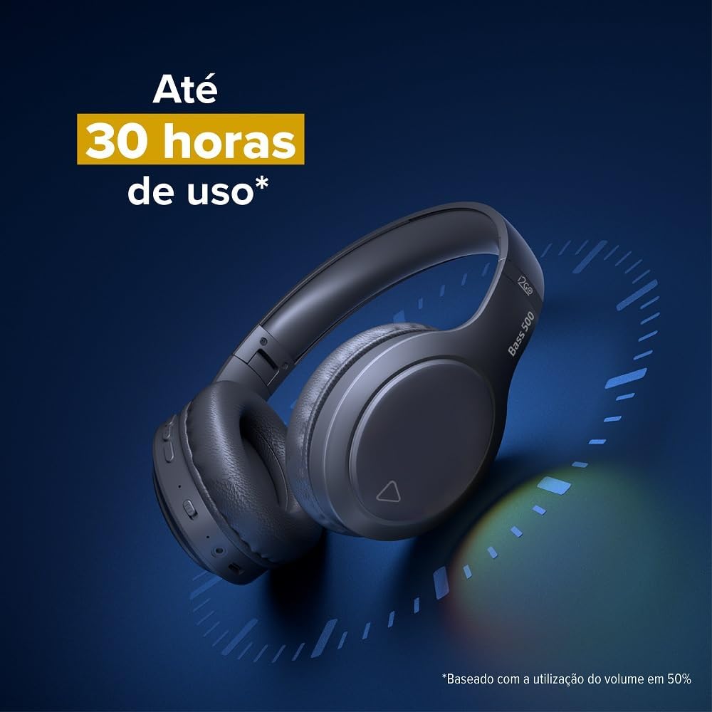 I2GO, Headphone Bass 500, Bluetooth, Microfone Integrado, Controle Multimídia, Até 30h de bateria, Entrada cabo auxiliar P2 (incluso), Dobrável, Preto, i2GO PRO
