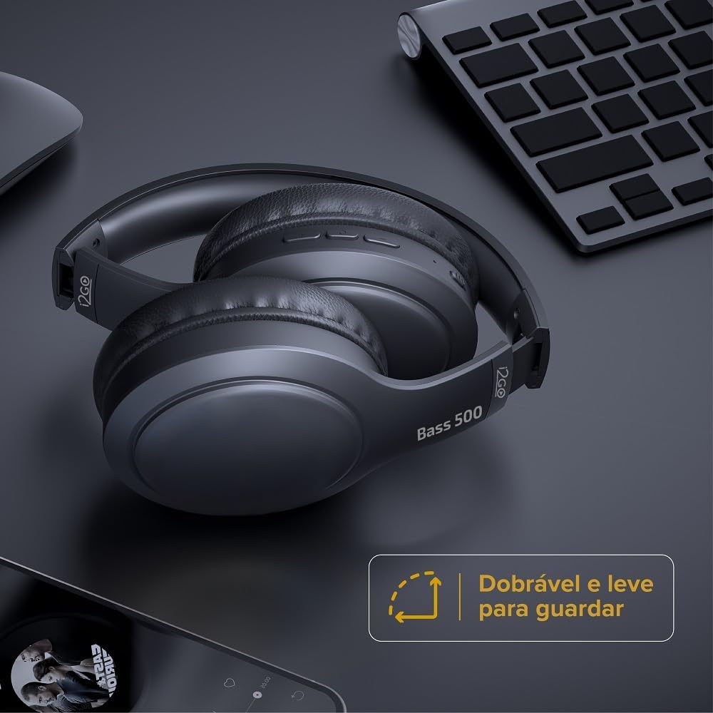 I2GO, Headphone Bass 500, Bluetooth, Microfone Integrado, Controle Multimídia, Até 30h de bateria, Entrada cabo auxiliar P2 (incluso), Dobrável, Preto, i2GO PRO