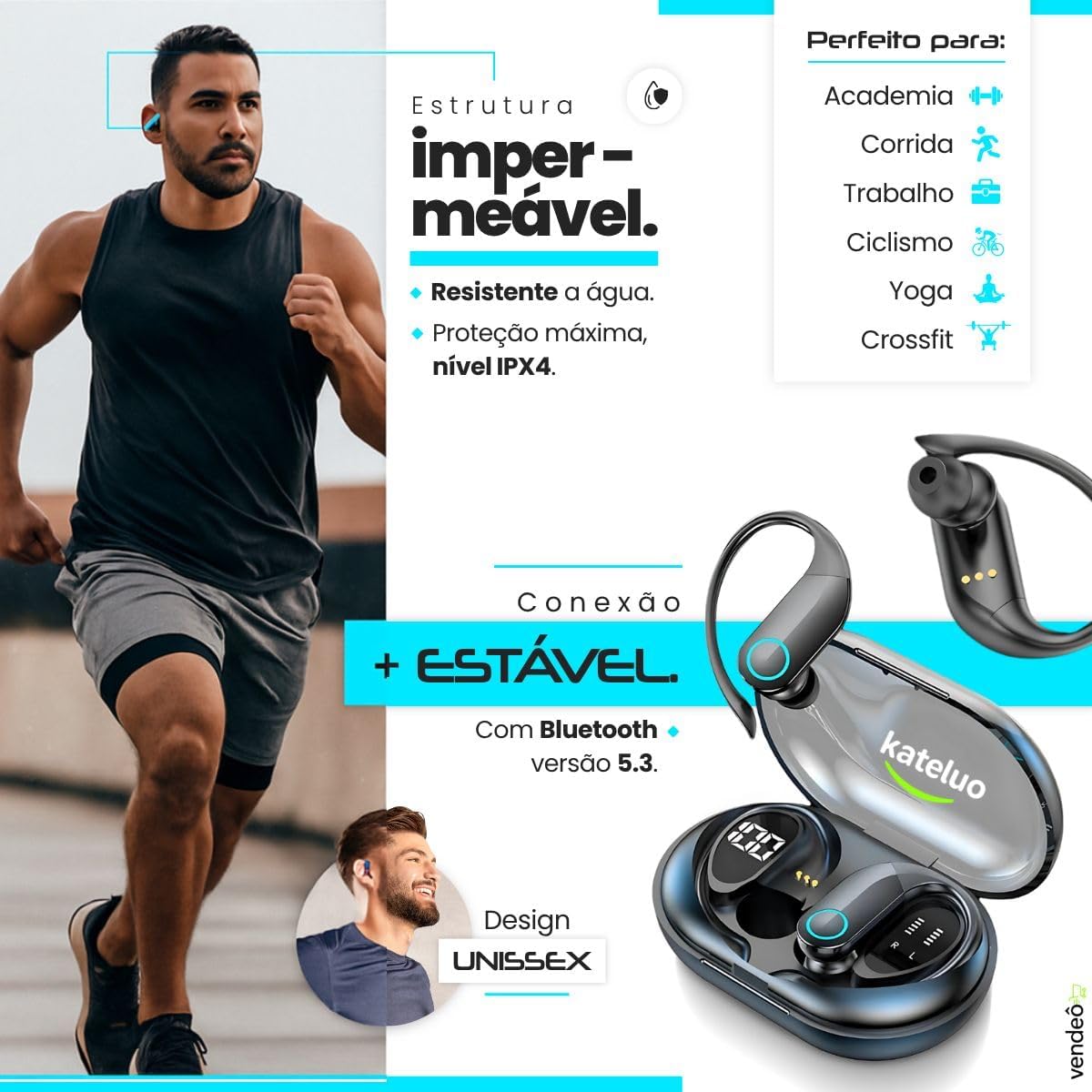 Fone De Ouvido Bluetooth 5.0 Sem Fio Tws Esportivo A Prova D'Água Para Corrida Esportes Bike Moto Academia Caminhada Tipo Gancho Sound Bass.